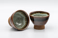 Japanese Teacups - Pair of Tenmoku Glazed Sugi-nari Guinomi - 55ml - three-quarter view of the pair of tenmoku-glazed guinomi