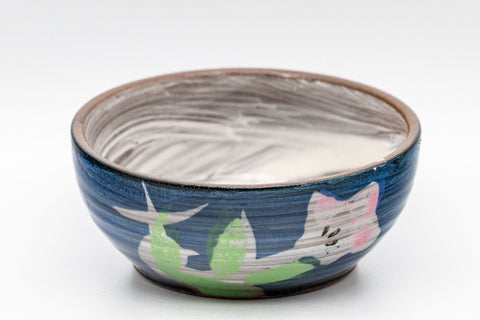 Japanese Teacups - Set of 3 Floral Yunomi - 90ml - closeup of one teacup showing the white interior and blue floral rim