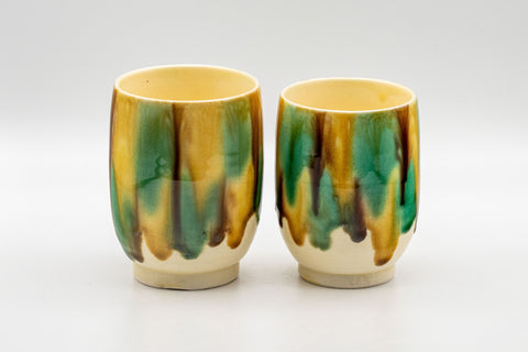 Japanese Teacups - Couple's Pair of 秀 Meoto Yunomi - 150ml - the matching pair of cream cups with multicolour drip glaze, front view