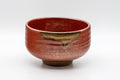 Japanese Matcha Bowl Set - Tanaka Kayama Ochre Glazed Hantsutsu-gata Chawan with Bamboo Chasen Whisk and Chashaku Scoop - 450ml - front view of the mottled red chawan with ochre drip glaze