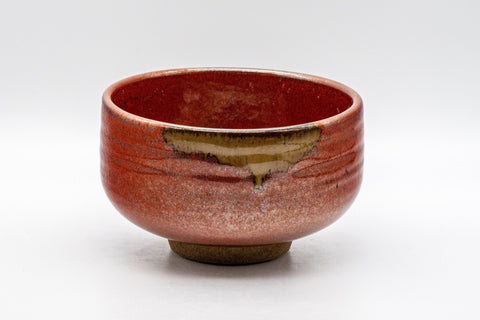 Japanese Matcha Bowl Set - Tanaka Kayama Ochre Glazed Hantsutsu-gata Chawan with Bamboo Chasen Whisk and Chashaku Scoop - 450ml - front view of the mottled red chawan with ochre drip glaze