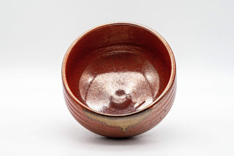 Japanese Matcha Bowl Set - Tanaka Kayama Ochre Glazed Hantsutsu-gata Chawan with Bamboo Chasen Whisk and Chashaku Scoop - 450ml - low side angle showing the bowl's profile and footring