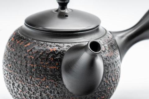 Japanese Kyusu - Tadaomi Kato, Koushin Kiln - Kurodei Tokoname-yaki Debeso Teapot - 250ml - angled view of the textured surface