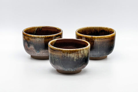 Japanese Teacups - Set of 3 Drip Glazed Yunomi - 120ml - the three teacups grouped, alternate arrangement