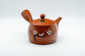Japanese Kyusu - Koyo Plum Blossom Tokoname-yaki Teapot - 375ml - front view of the brick-red teapot with painted plum blossoms