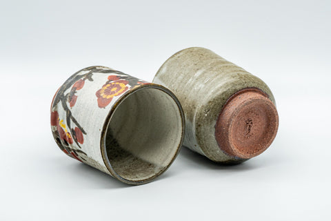 Japanese Teacups - Pair of Floral Tsutsu-gata Yunomi - 200ml - the two cups resting on their sides showing the footrings
