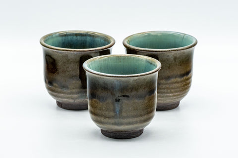 Japanese Teacups - Set of 3 Olive Green Turquoise Koishiwara-yaki Yunomi - 100ml - the three teacups grouped together, front view