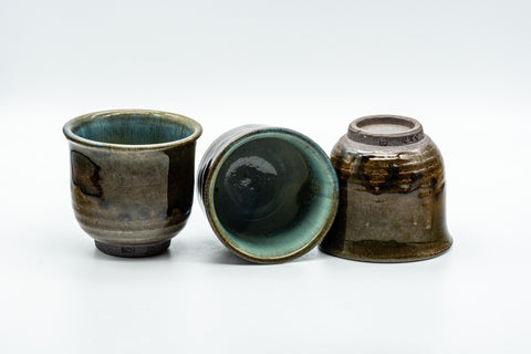 Japanese Teacups - Set of 3 Olive Green Turquoise Koishiwara-yaki Yunomi - 100ml - the three teacups arranged with one resting on its side