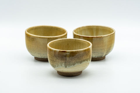Japanese Teacups - Set of 3 Hare's Fur Glazed Wan-nari Yunomi - 100ml - the three teacups grouped together, front view