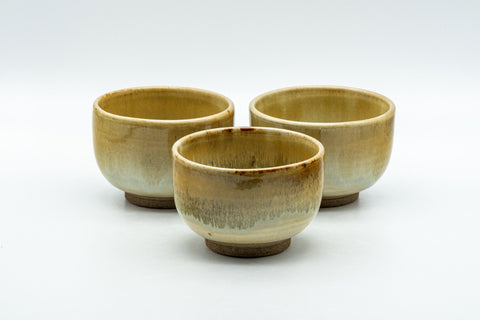 Japanese Teacups - Set of 3 Hare's Fur Glazed Wan-nari Yunomi - 100ml - the three teacups grouped together, angled view