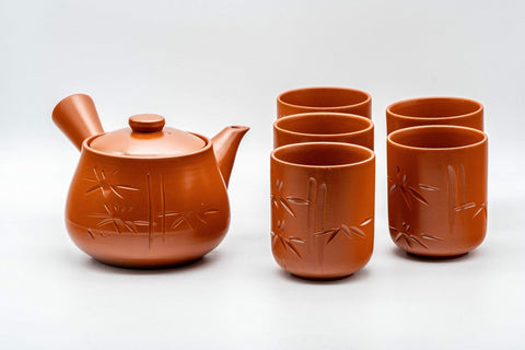 Tezumi — Japanese Tea Set - Bamboo Tokoname-yaki Debeso Kyusu with 5 Yunomi — the full set arranged together