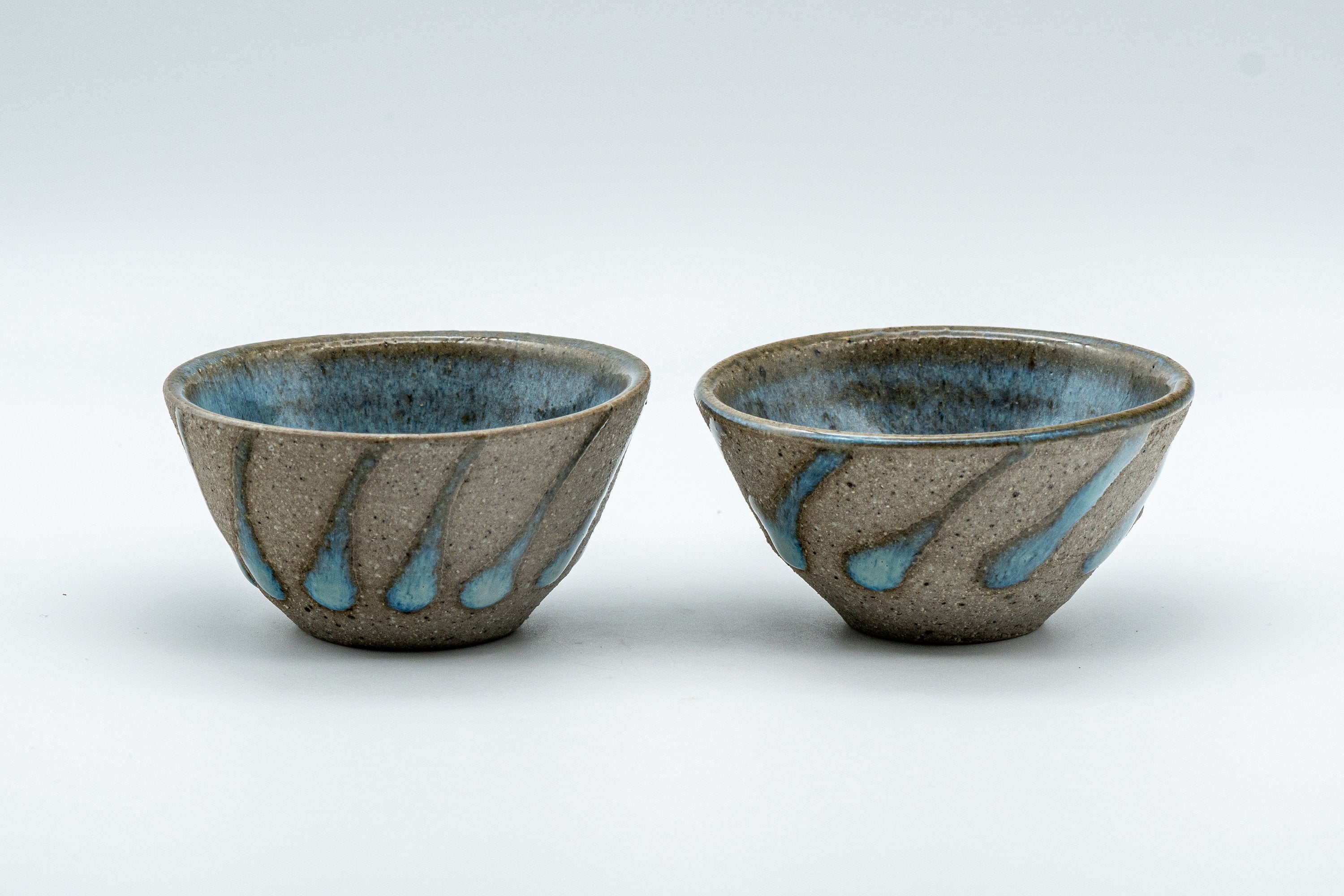 Japanese Teacups - Pair of Stoneware Asagao-gata Guinomi with Cyan Glazed Interior - 50ml