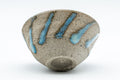 Japanese Teacups - Pair of Stoneware Asagao-gata Guinomi with Cyan Glazed Interior - 50ml - closeup of one cup showing the diagonal cyan striped exterior