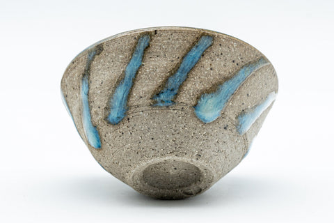 Japanese Teacups - Pair of Stoneware Asagao-gata Guinomi with Cyan Glazed Interior - 50ml - closeup of one cup showing the diagonal cyan striped exterior