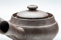 Tezumi — Kanji-engraved Banko-yaki kyusu teapot, side view with the spout facing forward