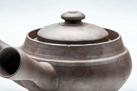 Tezumi — Kanji-engraved Banko-yaki kyusu teapot, side view with the spout facing forward