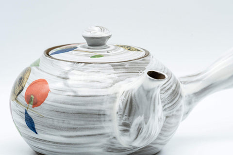 Tezumi — Floral brush-glazed kyusu teapot, side profile view