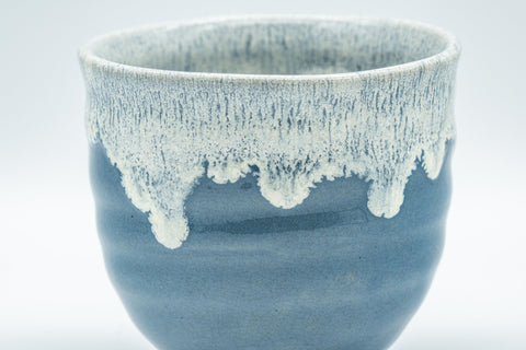 Japanese Teacup - Steel Blue Yunomi with White Drip Glaze - 180ml - closeup of the white drip glaze over the steel blue body