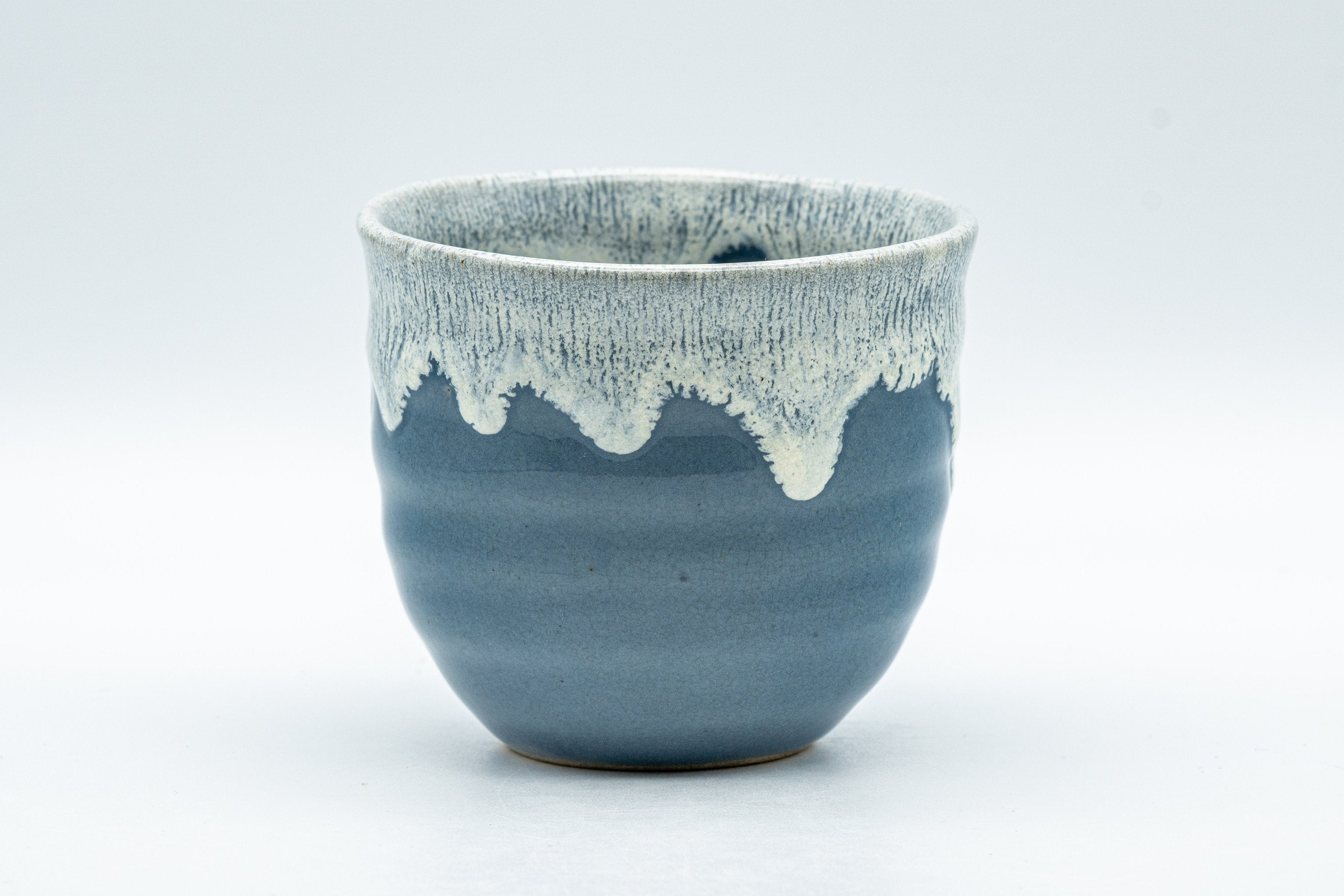 Japanese Teacup - Steel Blue Yunomi with White Drip Glaze - 180ml