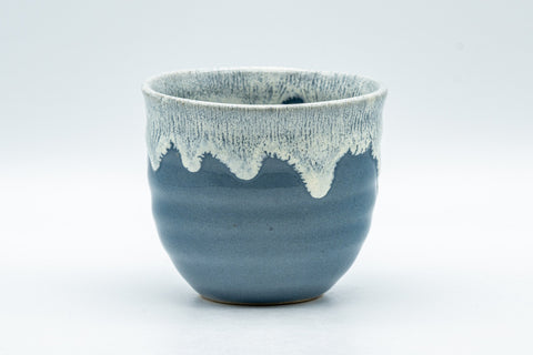 Japanese Teacup - Steel Blue Yunomi with White Drip Glaze - 180ml - three-quarter view of the cup