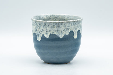 Japanese Teacup - Steel Blue Yunomi with White Drip Glaze - 180ml - front view of the steel blue cup with white drip glaze around the lip