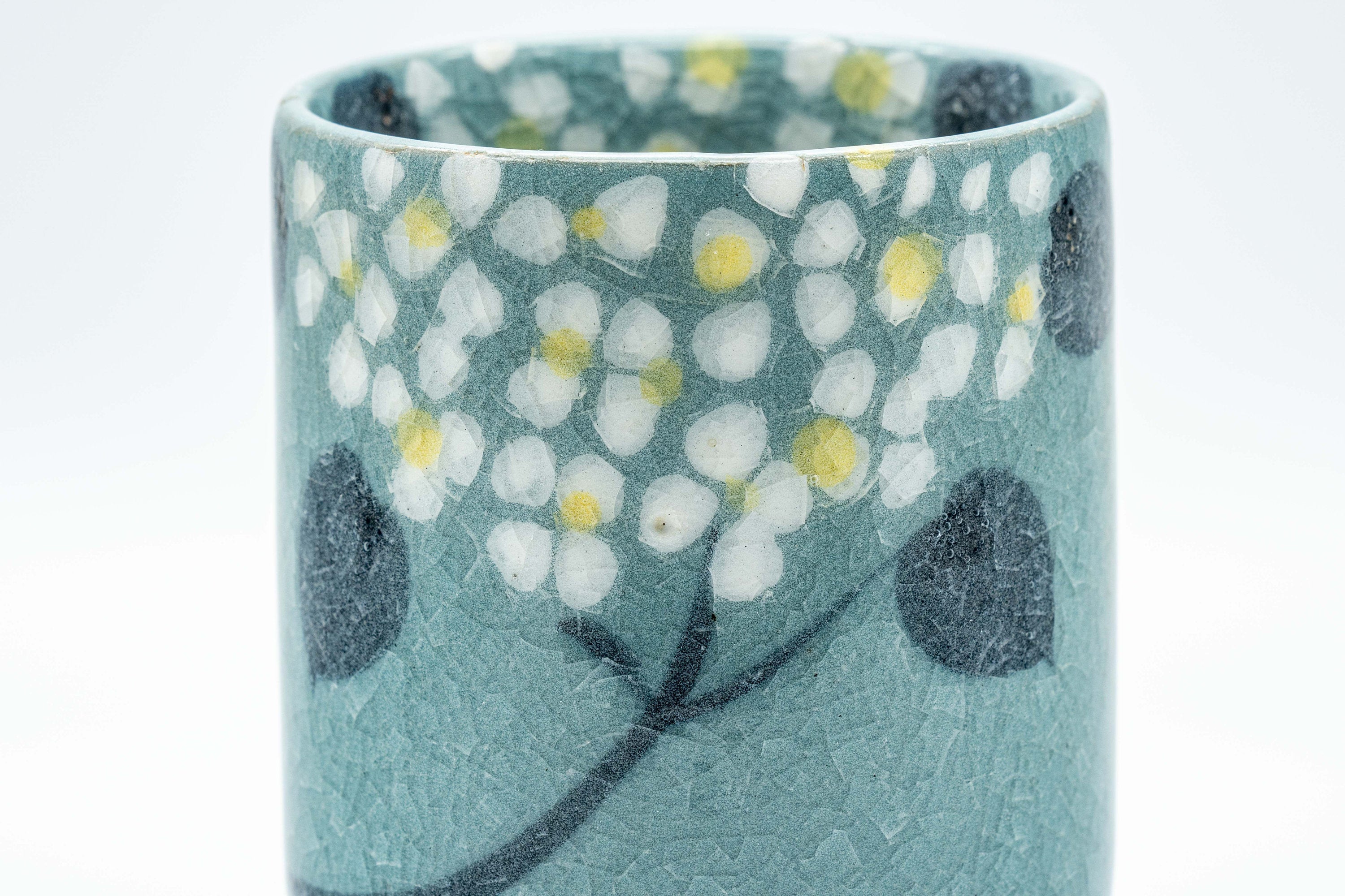 Japanese Teacup - Robin's Egg Blue Yunomi with Painted Flowers  - 150ml