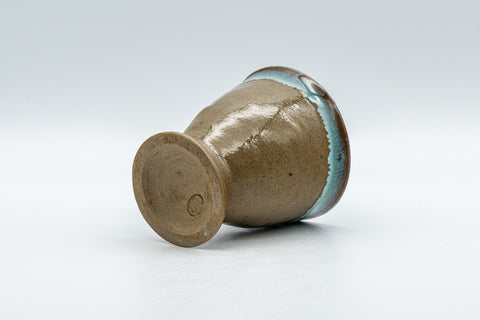 Japanese Teacup - Turquoise Agano-yaki Senchawan - 60ml - tilted view showing the flared foot and base