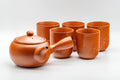 Tezumi — Japanese Tea Set - Tokoname-yaki Maru-gata Debeso Kyusu with 5 Tsutsu-gata Yunomi — the full set arranged together