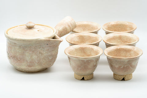 Tezumi — Japanese Tea Set - 萩焼 Hagi-yaki Houhin-style Do-ake Kyusu with 6 Senchawan - 450ml — the full set arranged together