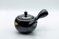 Japanese Kyusu - 盛山窯 Year of the Rat, Black Kurodei Tokoname-yaki Teapot - 370ml - three-quarter view showing the lid and gold floral decoration