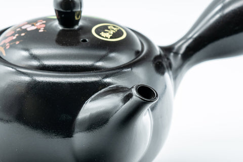 Japanese Kyusu - 盛山窯 Year of the Rat, Black Kurodei Tokoname-yaki Teapot - 370ml - closeup of the spout and decorated body