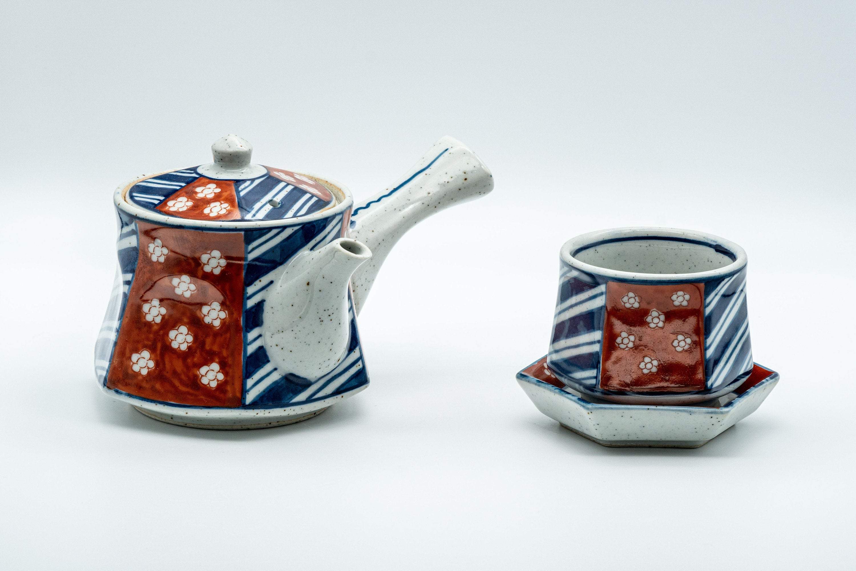 Japanese Tea Set - Striped Hexagonal Debeso Kyusu Teapot with Teacup and Coaster - 250ml