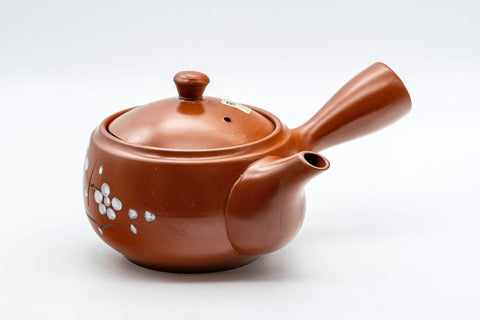 Tezumi — Japanese Kyusu - Plum Blossoms Tokoname-yaki Teapot - 350ml — side view with the lid and side handle