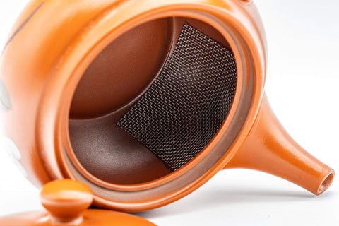 Japanese Kyusu - Kasen Floral Tokoname-yaki Teapot - view inside showing the mesh filter