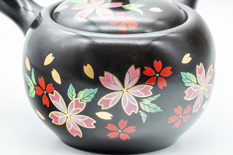 Japanese Kyusu - Sakura Black Kurodei Tokoname-yaki Teapot - 350ml - closeup of the multi-colour sakura decoration