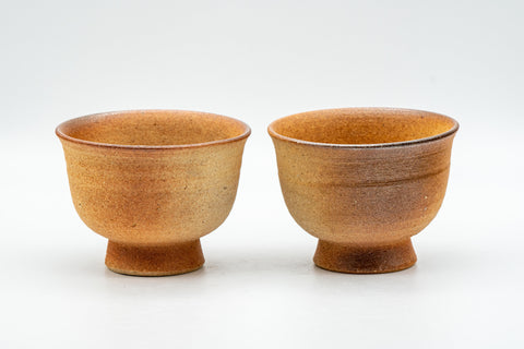 Japanese Teacups - Pair of Shigaraki-yaki Senchawan - front view of the pair of unglazed orange-tan tulip cups