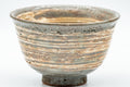 Japanese Teacup - Hakeme Glazed Stoneware Yunomi - 150ml - front view showing the cream hakeme brushwork over the grey glaze