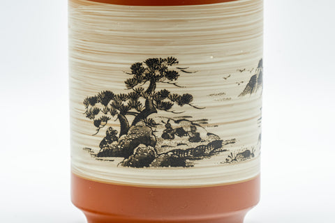 Japanese Teacup - Mountainous Tokoname-yaki Lidded Yunomi - closeup of the painted mountain landscape on the white slip band