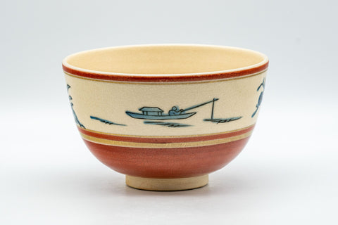 Japanese Matcha Bowl - Zuiun Wan-nari Kyo-yaki Chawan - 450ml - three-quarter view of the painted exterior