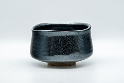 Japanese Matcha Bowl - 東山 Higashiyama Tenmoku Glazed Chawan with Bamboo Chasen Whisk and Chashaku Scoop - 500ml - front view of the black tenmoku-glazed bowl