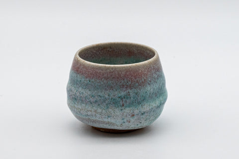 Japanese Teacup - Turquoise Obori Soma-yaki Guinomi - front view showing the dark glazed interior