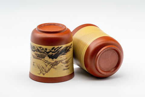 Japanese Teacup Pair - Two Tokoname-yaki yunomi - 125ml - the two cups arranged at an angle showing the landscape decoration