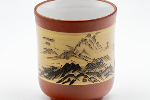 Japanese Teacup Pair - Two Tokoname-yaki yunomi - 125ml - closeup of a single cup showing the painted mountainous landscape scene