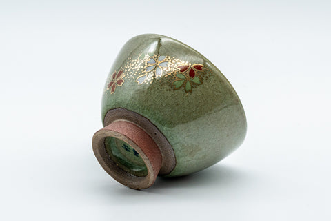 Japanese Teacup - Floral Celadon Sugi-nari Senchawan - angled view showing the crazed celadon glaze and floral decoration