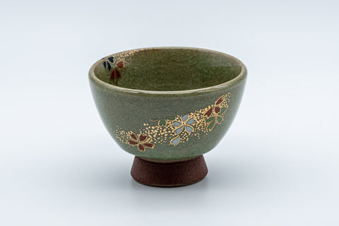 Japanese Teacup - Floral Celadon Sugi-nari Senchawan - side view showing the gilded cherry blossom decoration