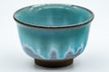 Japanese Teacups - Pair of Turquoise Drip-Glazed Agano-yaki Senchawan - 125ml - closeup of a single cup showing the turquoise enamel drip glaze over the periwinkle blue interior