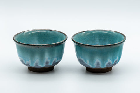 Japanese Teacups - Pair of Turquoise Drip-Glazed Agano-yaki Senchawan - 125ml - the pair of cups upright, front view of the turquoise drip glaze
