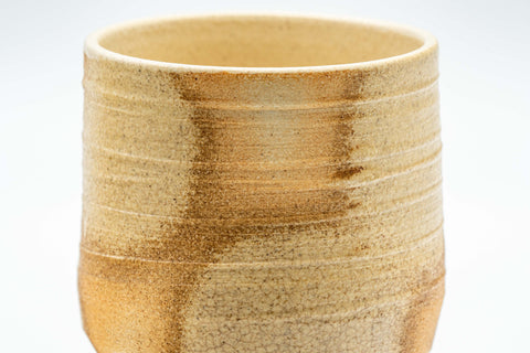 Japanese Teacups - Pair of Giraffe Tsutsu-gata Yunomi - 140ml - closeup of one cup showing the crazed beige glaze