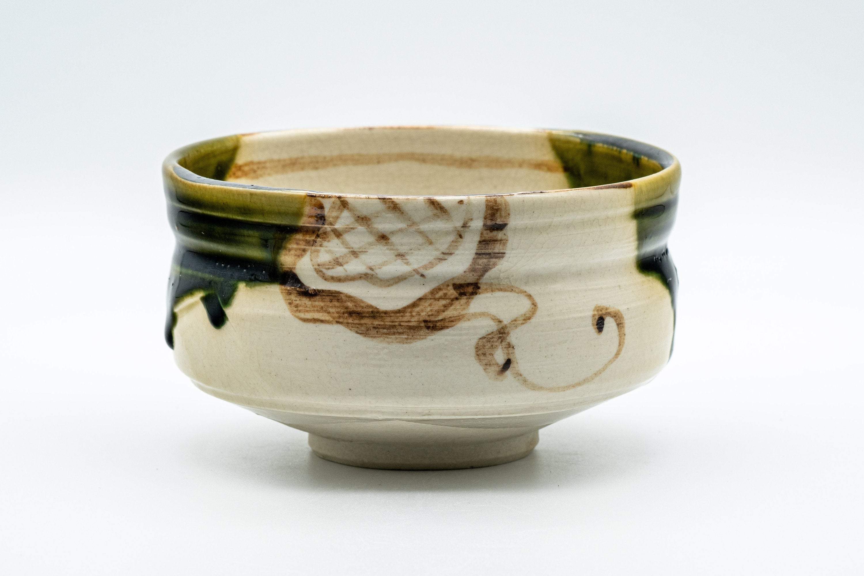 Japanese Matcha Bowl Set - Drip Glazed Dojimari-gata Oribe-yaki Chawan with Bamboo Chasen Whisk and Chashaku Scoop - 400ml