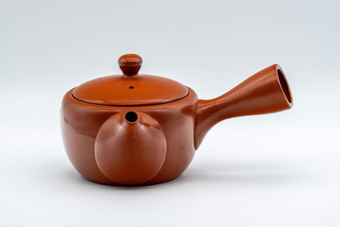Japanese Kyusu - 福仙窯 Floral Kanji Tokoname-yaki Teapot - 230ml - angled view with the side handle to the right
